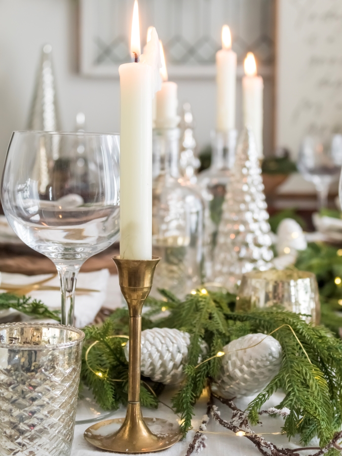 Simple and Festive Christmas Centerpiece Ideas - Vintage Brass Candlesticks with Greenery and Mercury Glass