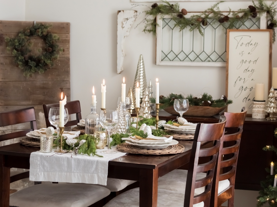 Neutral Winter Dining Room with Mercury Glass and Candles - Midwest Life and Style Blog