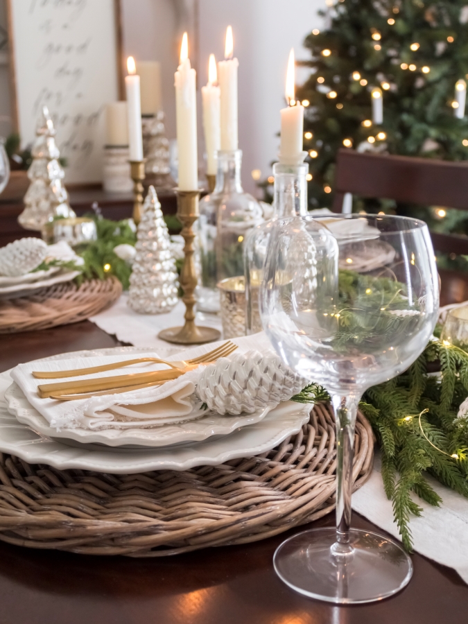 Cozy and Neutral Winter Tablescape with Greenery, White Dishes and Gold Silverware - Midwest Life and Style Blog