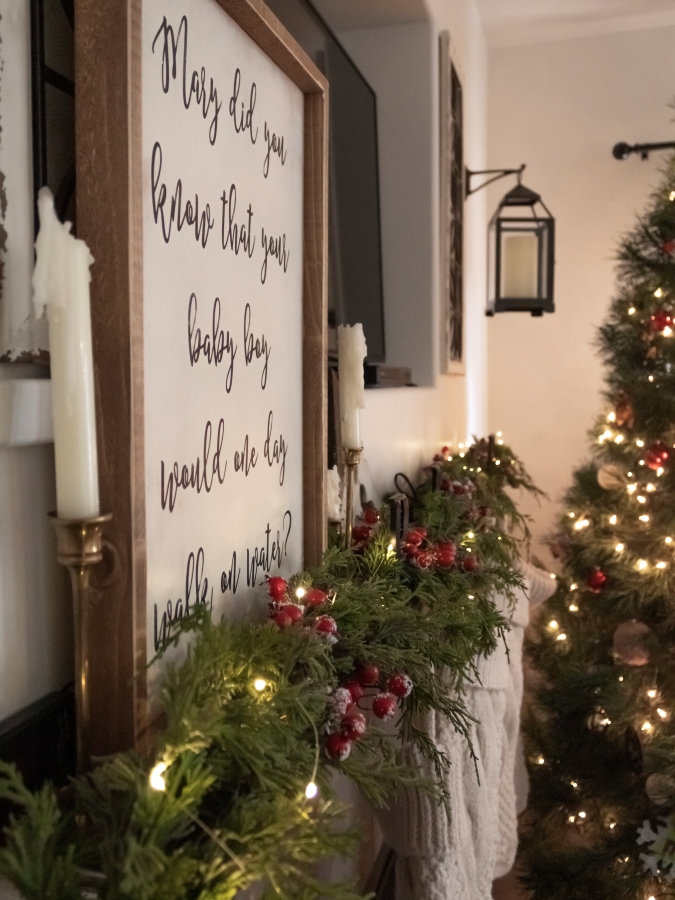 Christmas Mantel with White Knit Stockings, Garland, Red Berries and Brass Candlesticks - Midwest Life and Style Blog