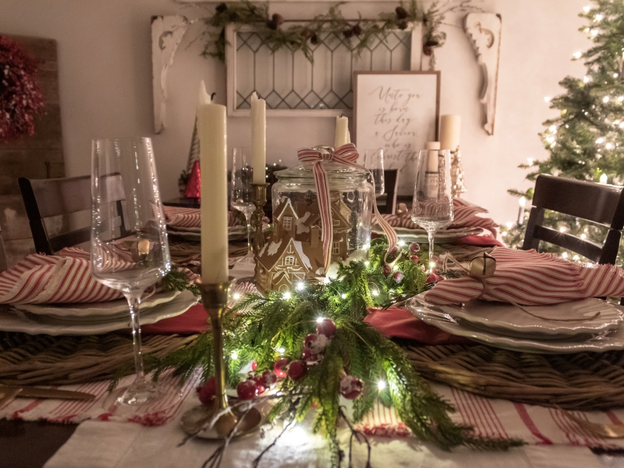 Gingerbread Christmas Tablescape with Red and White Ticking Strip Napkins at Night - Midwest Life and Style Blog