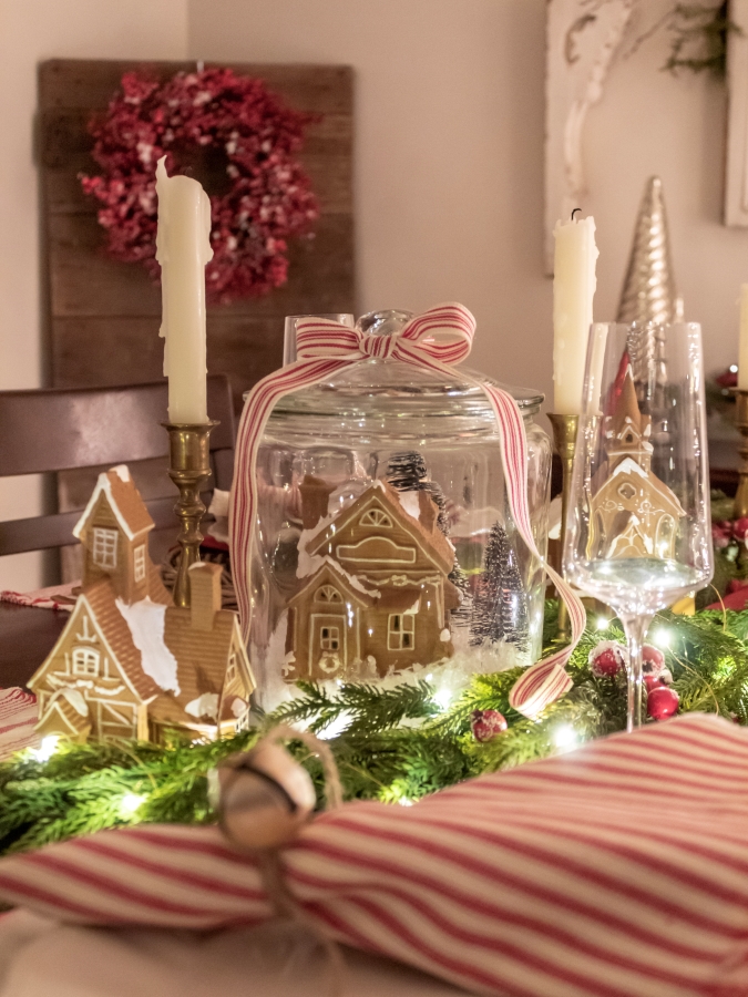 Gingerbread Christmas Tablescape with Red and White Ticking Strip Napkins at Night - Midwest Life and Style Blog