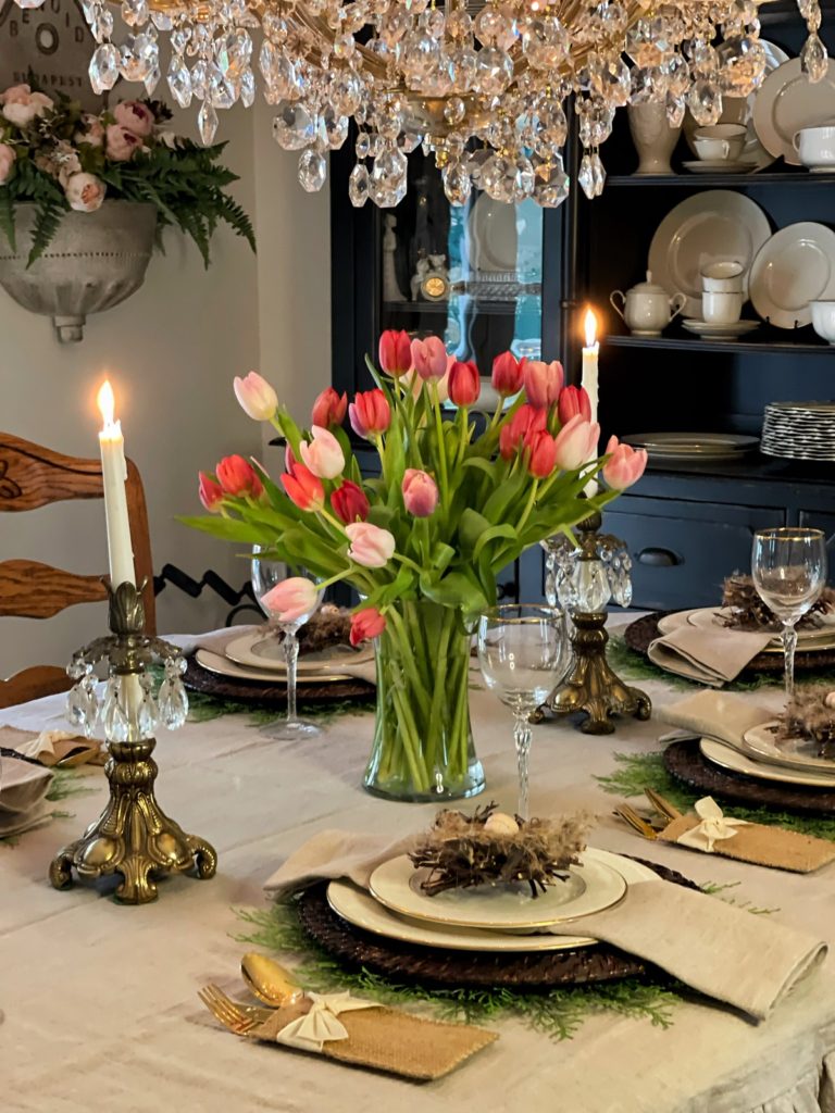 Spring Garden Tablescape with Pink Tulips - Bricks 'n Blooms