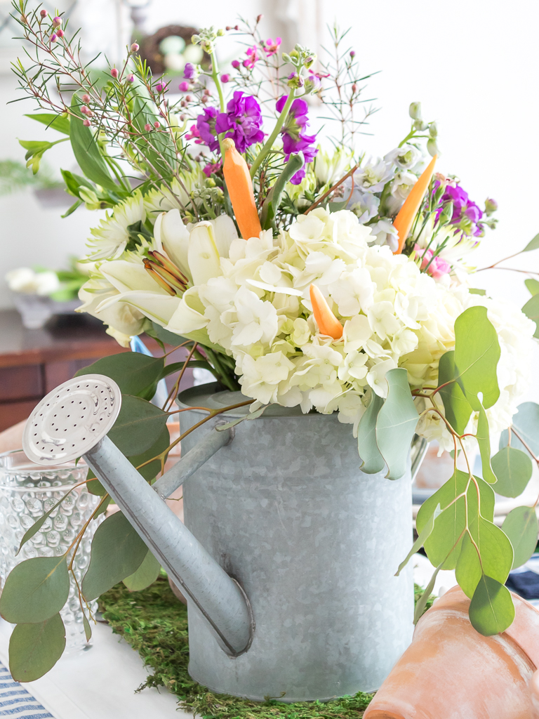 Galvanzied Watering Can with Spring Flower Bouquet and Carrots - Midwest Life and Style Blog