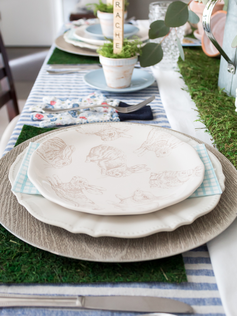 Bunny Plates with Napkins and Gray Wood Charger on Garden Table - Midwest Life and Style Blog