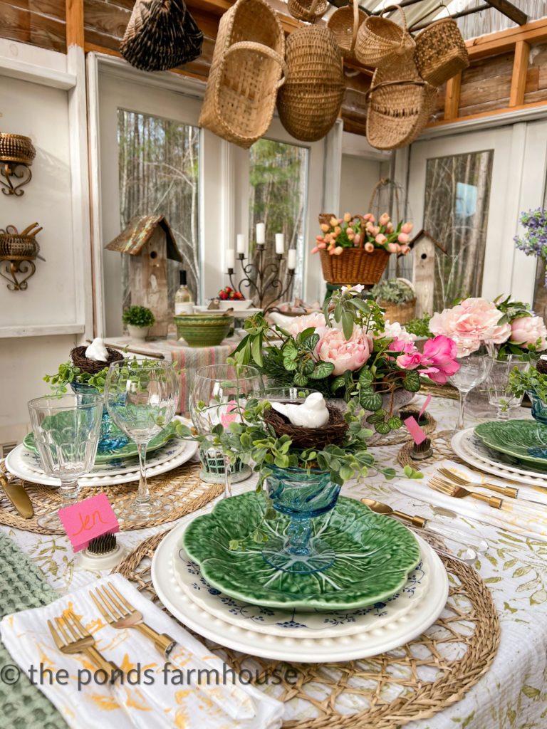 Spring Garden Tablescape In the Greenhouse - The Ponds Farmhouse