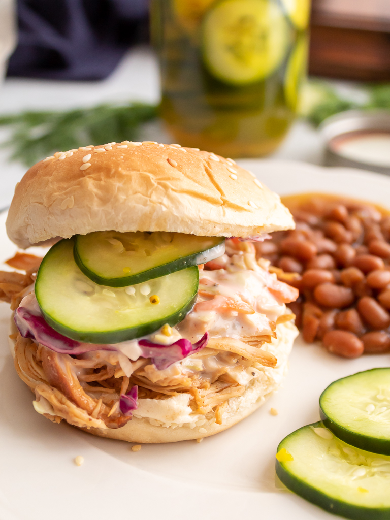 Slow Cooker Shredded BBQ Chicken Sandwiches with Coleslaw and Homemade Pickles - Football Tailgate Recipes - Midwest Life and Style Blog