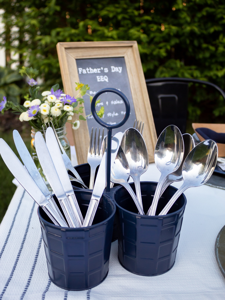 Blue Metal Utensil Caddy on Outdoor Father's Day Tablescape - Midwest Life and Style Blog