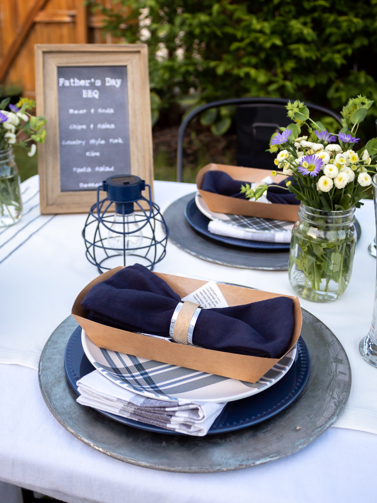 Close-Up of Galvanized Metal Chargers on Father's Day BBQ Tablescape