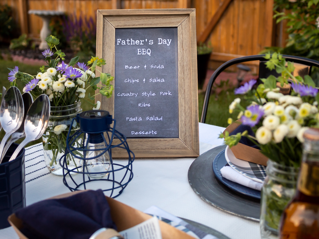 Backyard Father's Day Tablescape for a BBQ with Rustic Blue and White Accents - Midwest Life and Style Blog