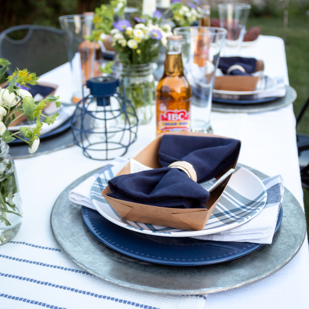 Blue and White Father's Day Tablecape Place Setting with Plaid Plates and Bowtie Napkins - MIdwest Life and Style Blog