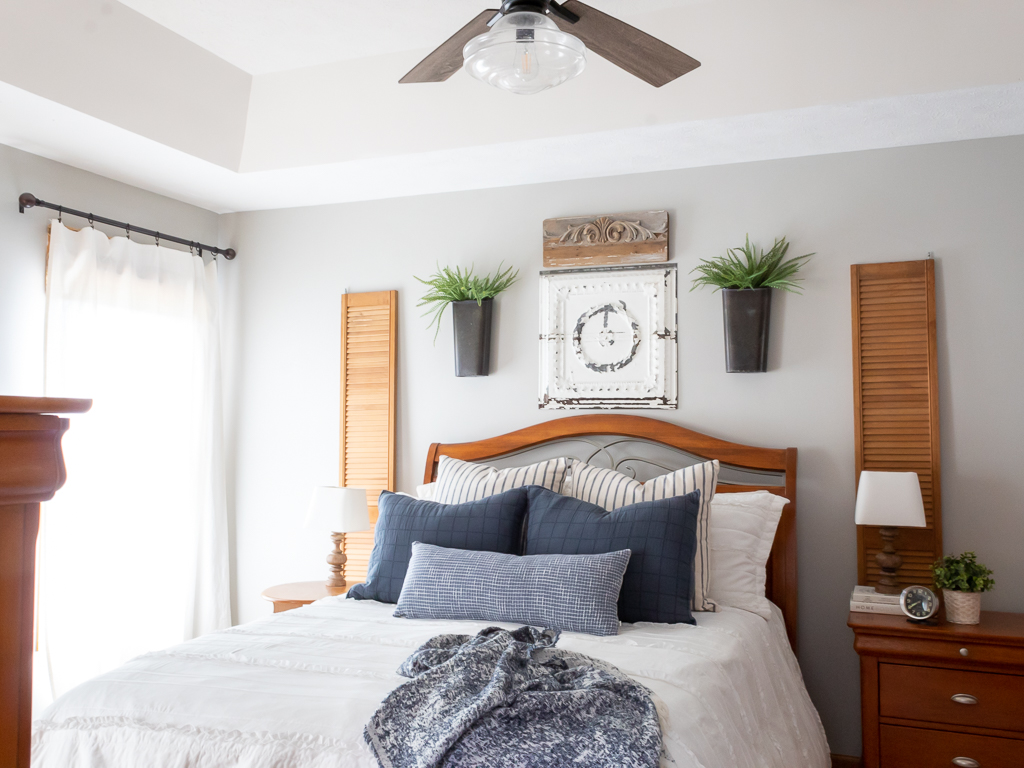 White and Blue Summer Bedding in Cottage-Style Bedroom - Red White And Blue Summer Home Tour - Midwest Life and Style Blog