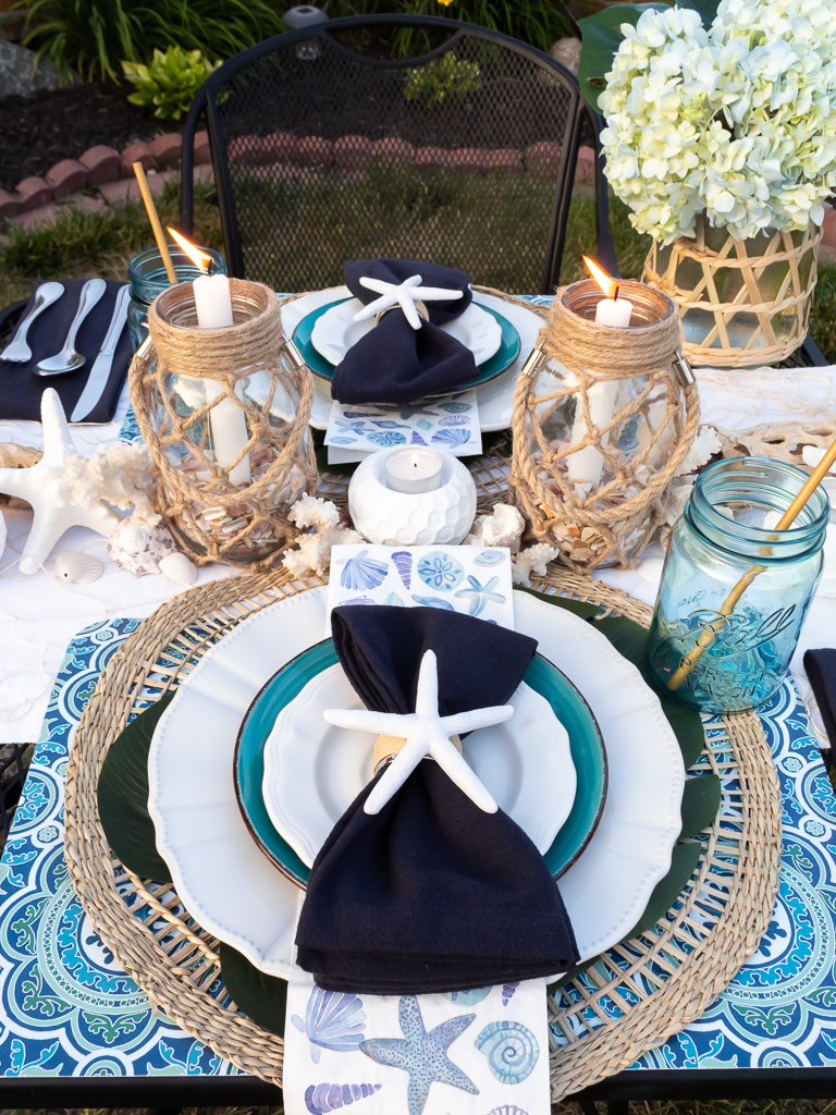 Blue and Turquoise Tropical Beach Tablescape with Seashells and Hydrangeas - Midwest Life and Style Blog