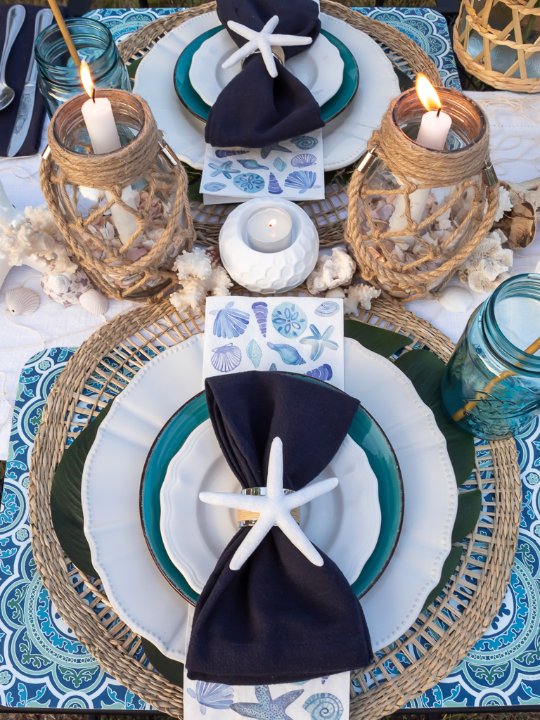 Patio Table Styled for a Blue and Turquoise Tropical Beach Cocktail Party with Seashells and a Starfish Napkin Ring - Midwest Life and Style Blog