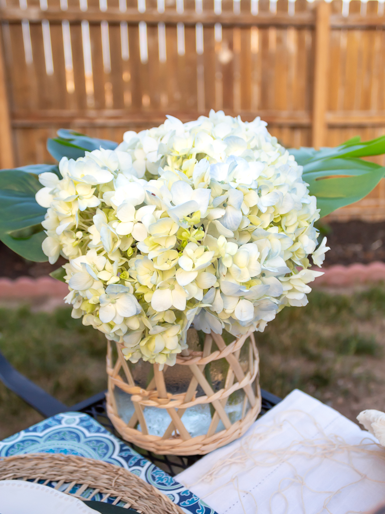 Blue and White Hydrange Summer Floral Arrangement in a Ratan Vase - Midwest Life and Style Blog