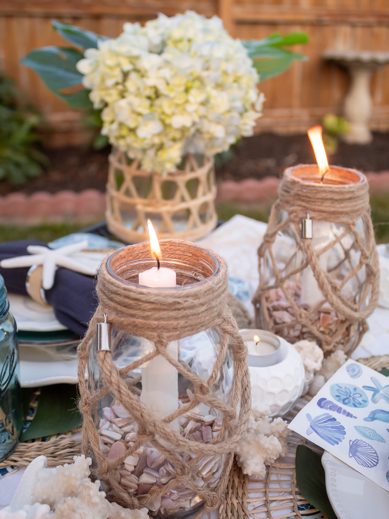 Beach Tablescape Centerpiece with Glass Candle Holders with Rope Handles and Crushed Seashell Filler - Midwest Life and Style Blog 