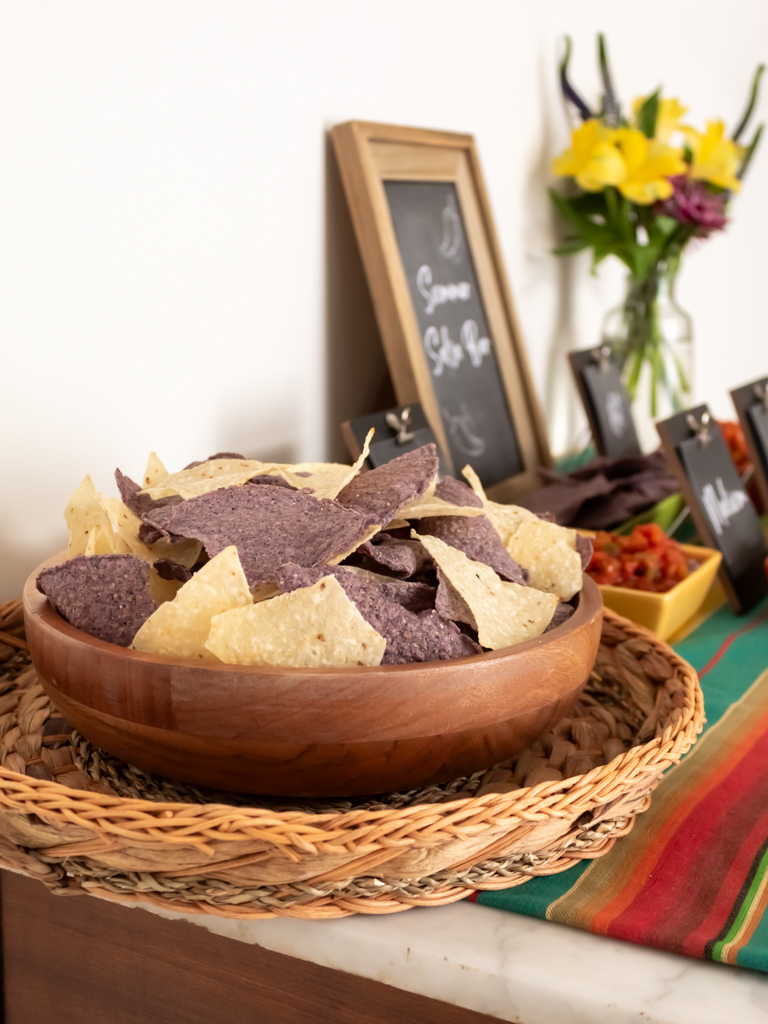 Blue and White Tortilla Chips in a Wooden Bowl for Summer Salsa Bar