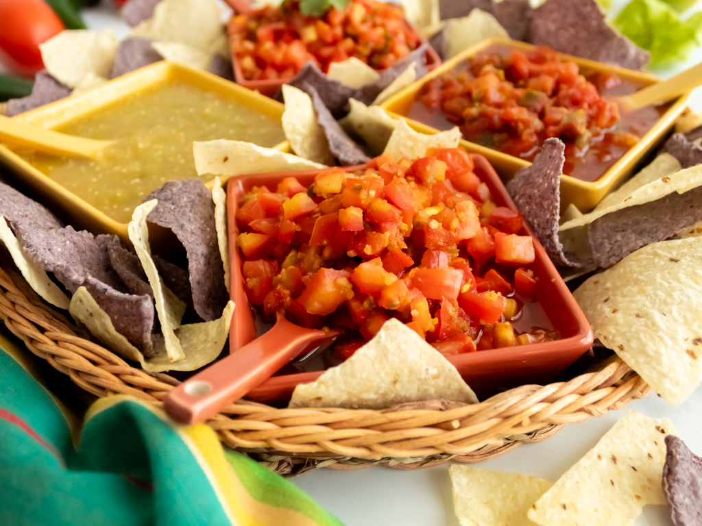 Four Homemade Salsas with Tortilla Chips for a Summer Salsa Bar