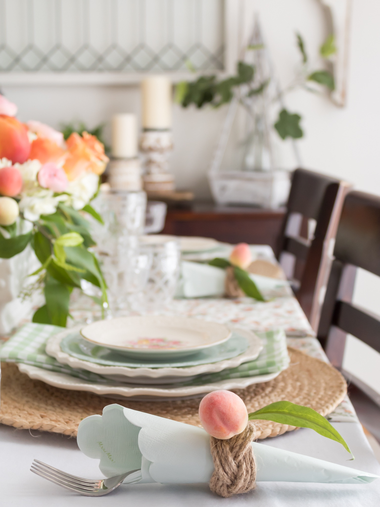 Peach-themed summer tablescape with pastels, floral centerpiece, and vintage china - Midwest Life and Style Blog