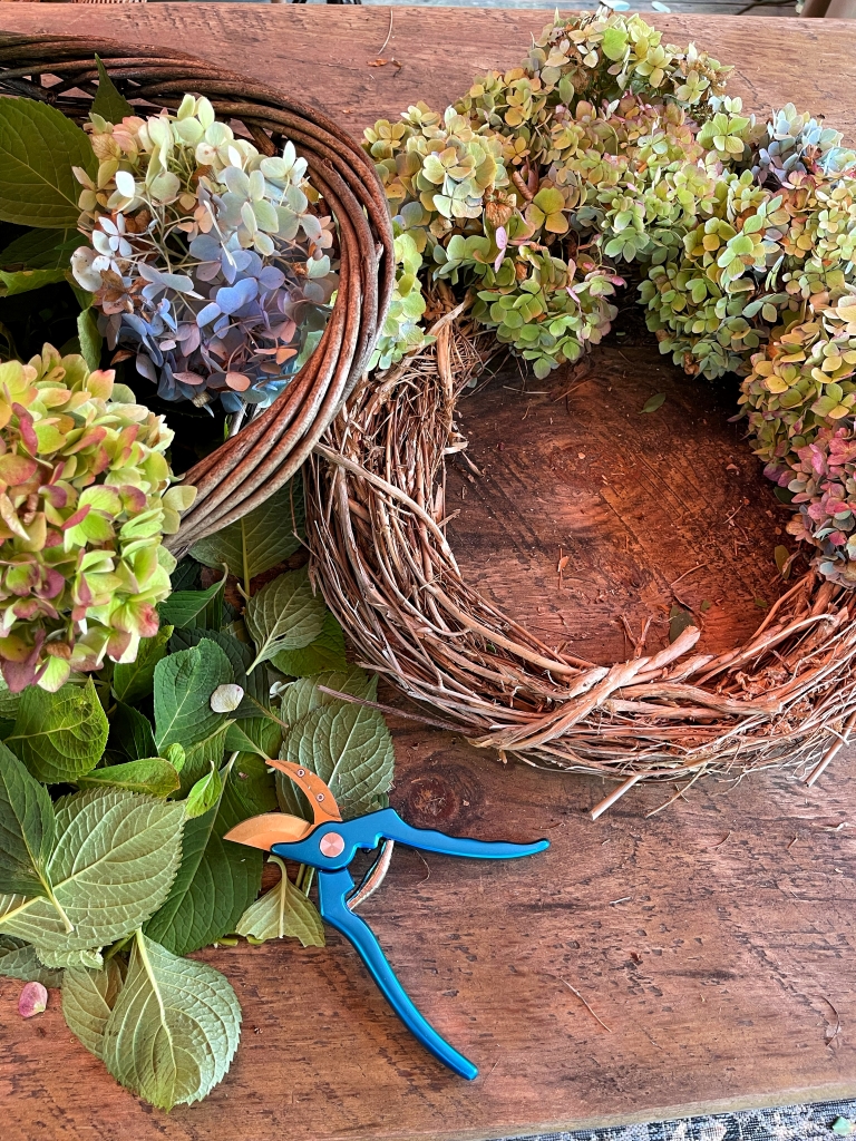 Fall hydrangea wreath from Bricks 'n Blooms