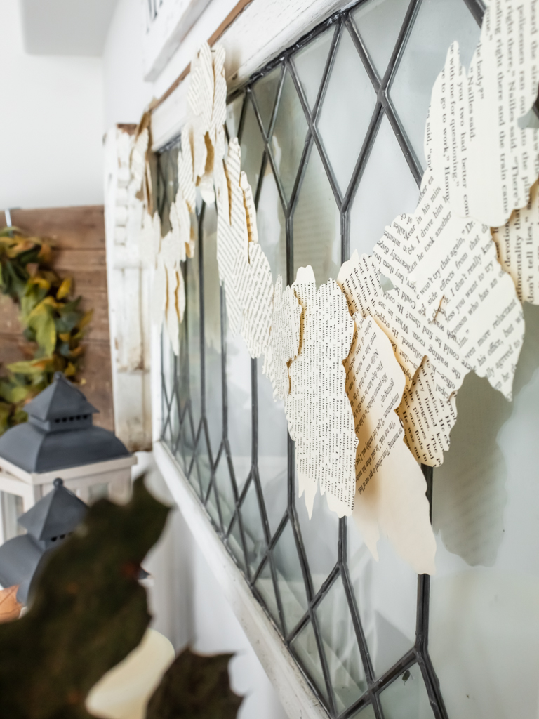 Fall leaf garland made with book pages