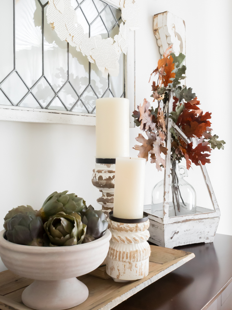 Fall Vignette with Leaves, Articohkes and DemiJohn Bottle - Midwest Life and Style Blog