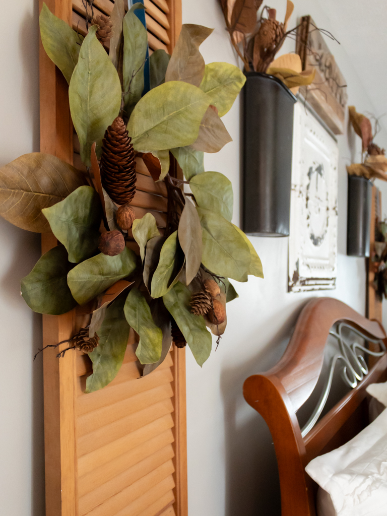 Magnolia Wreath Hanging on Vintage Shutter - Midwest Life and Style Blog