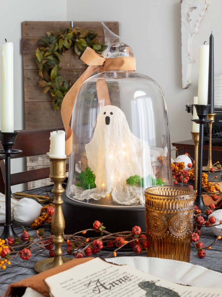 DIY Ghost Centerpiece in Cloche 