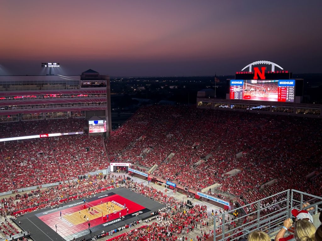 Memorial Stadium at dusk for Vollebyall Day in Nebraska 