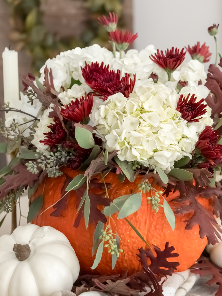 DIY Fall Pumpkin Centerpiece with Flowers.- Midwest Life and Style Blog