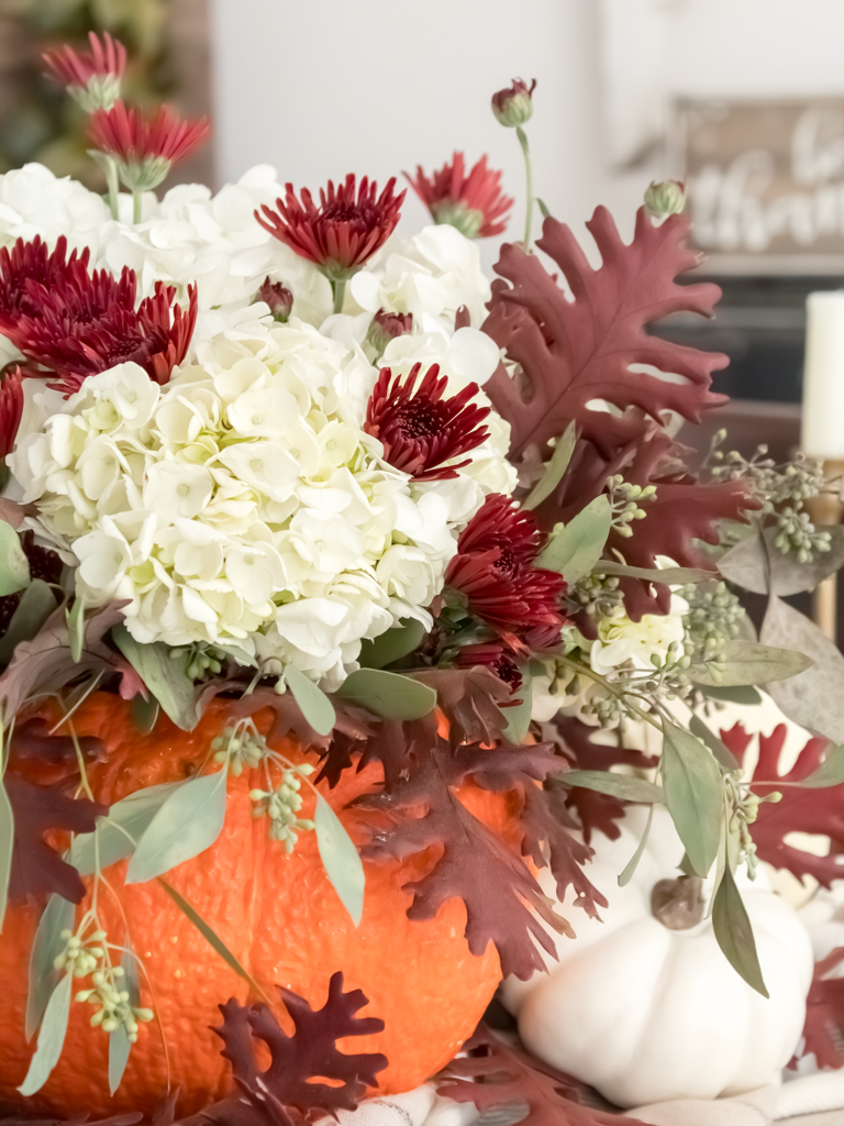 Pumpkin Centerpiece with Hydrangeas and Fall Leaves - Midwest Life and Style Blog