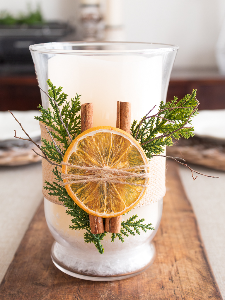 Christmas Hurricane Candle Holder with Greenery and Dried Oranges - Midwest Life and Style/ blog