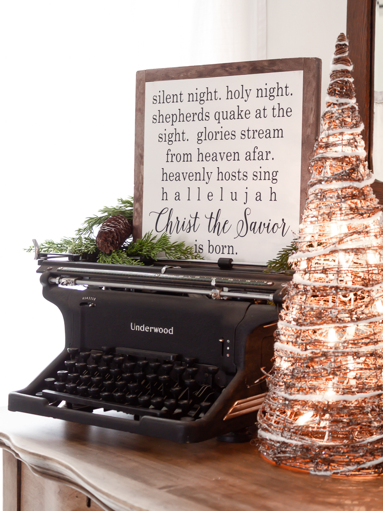 Vintage Dresser Styled with Antique Typerwrite with Christmas Sign and Greenery