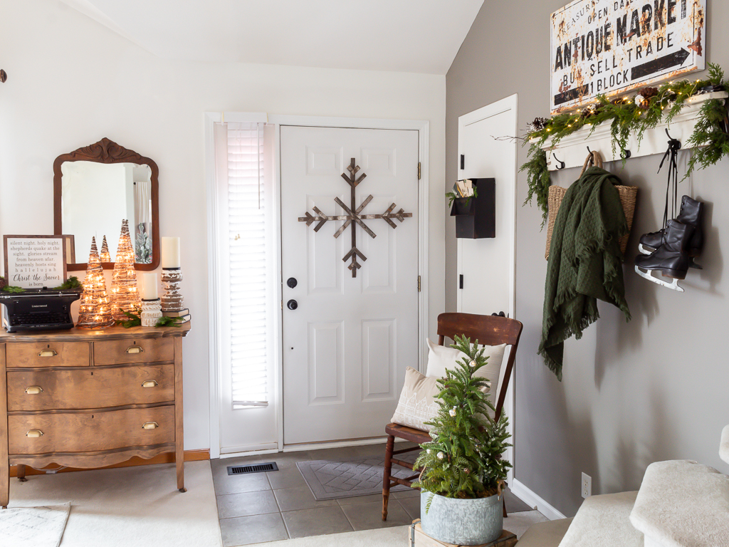 Cottage Christmas Entryway with Vintage Dresser 