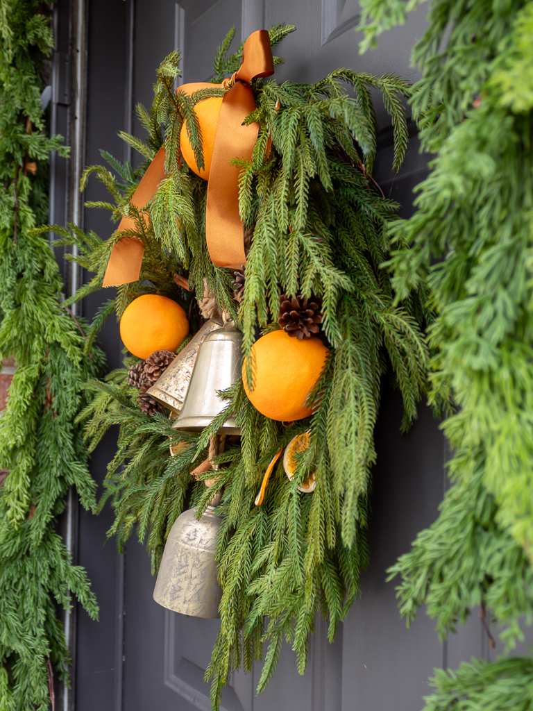 Pine Christmas Wreath with Oranges and Gold Bells