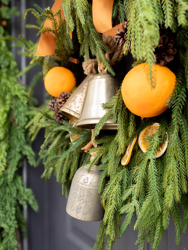 Pine Christmas Wreath with Oranges and Gold Bells