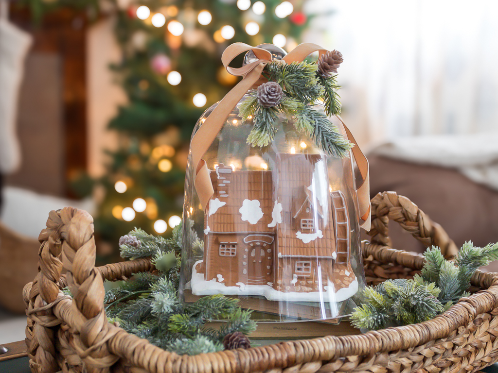 Christmas Gingerbread House in Cloche on Coffee Table