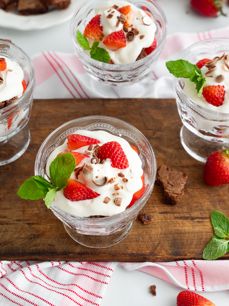 Decadent Mini Brownie Trifles with Whipped Cream and Strawberries