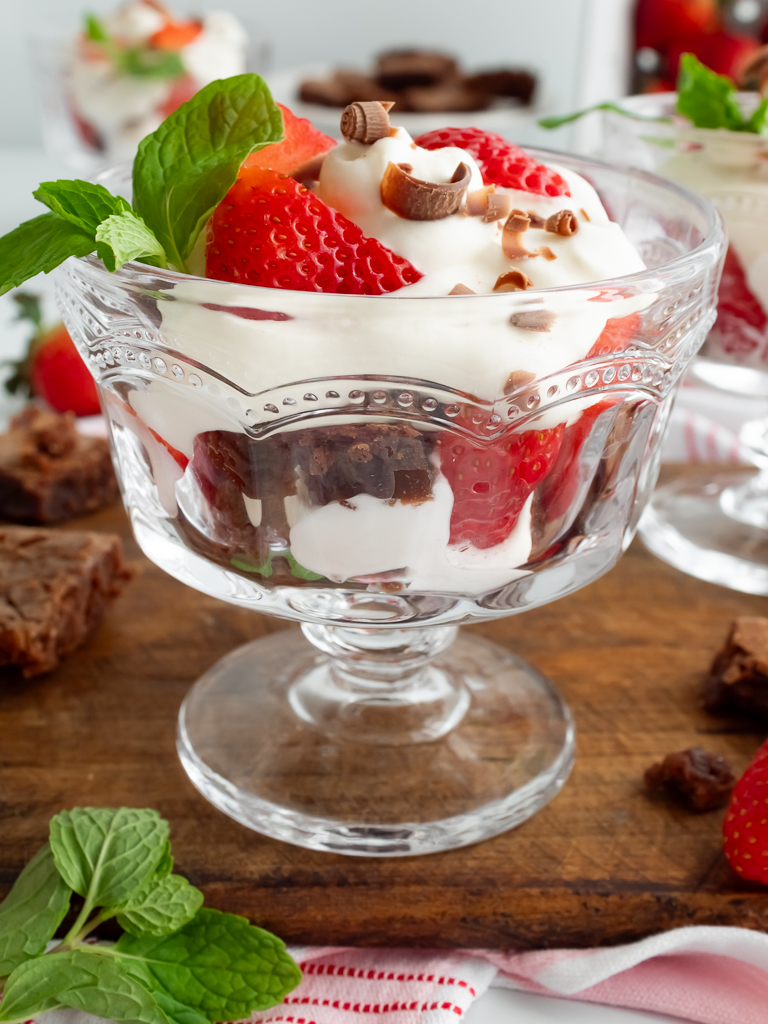 Decadent Mini Brownie Trifles with Whipped Cream and Strawberries