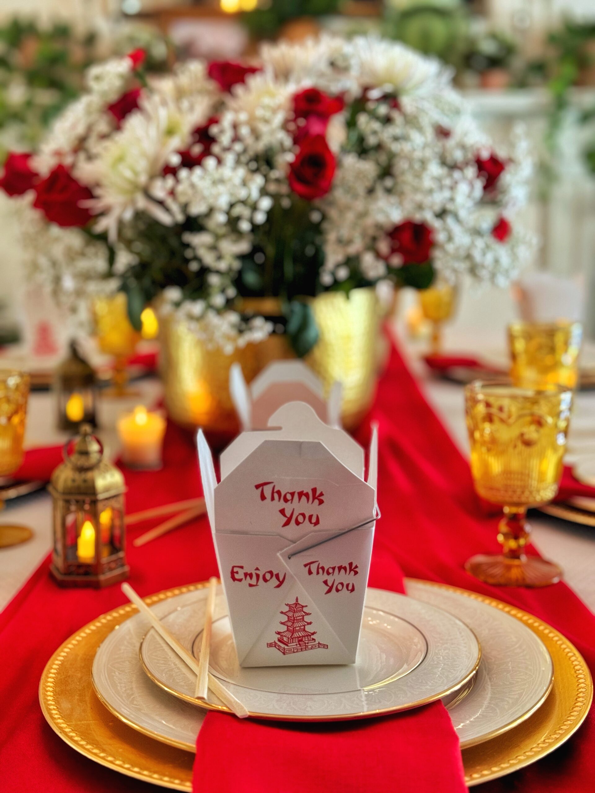 Chinese Inspired Red and Gold Tablesacape from Bricks 'n Blooms