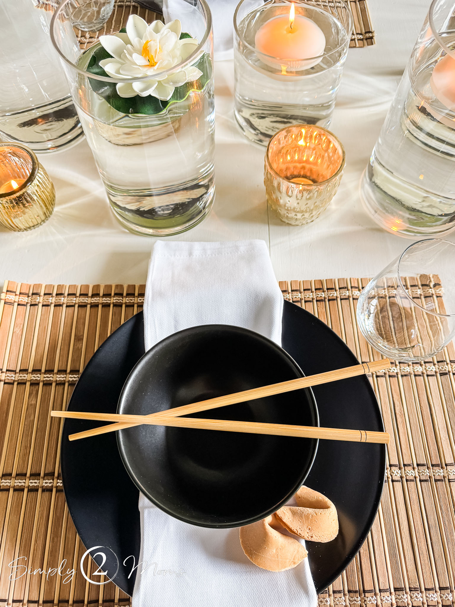 Chinese Inspired Neutral Black and White Tablescape from Simply 2 Moms