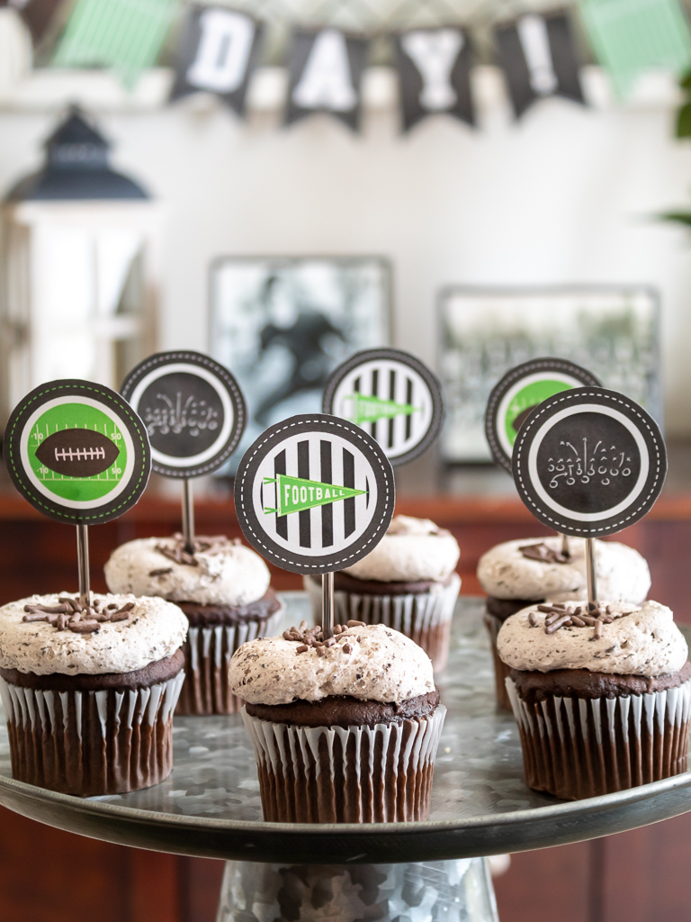 Free green, black,and white printable footba-themed cupcake toppers