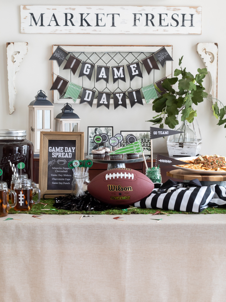 Dining Room styled with a free printable game day banner and foot-ball themed tablescape party for the Big Game. 