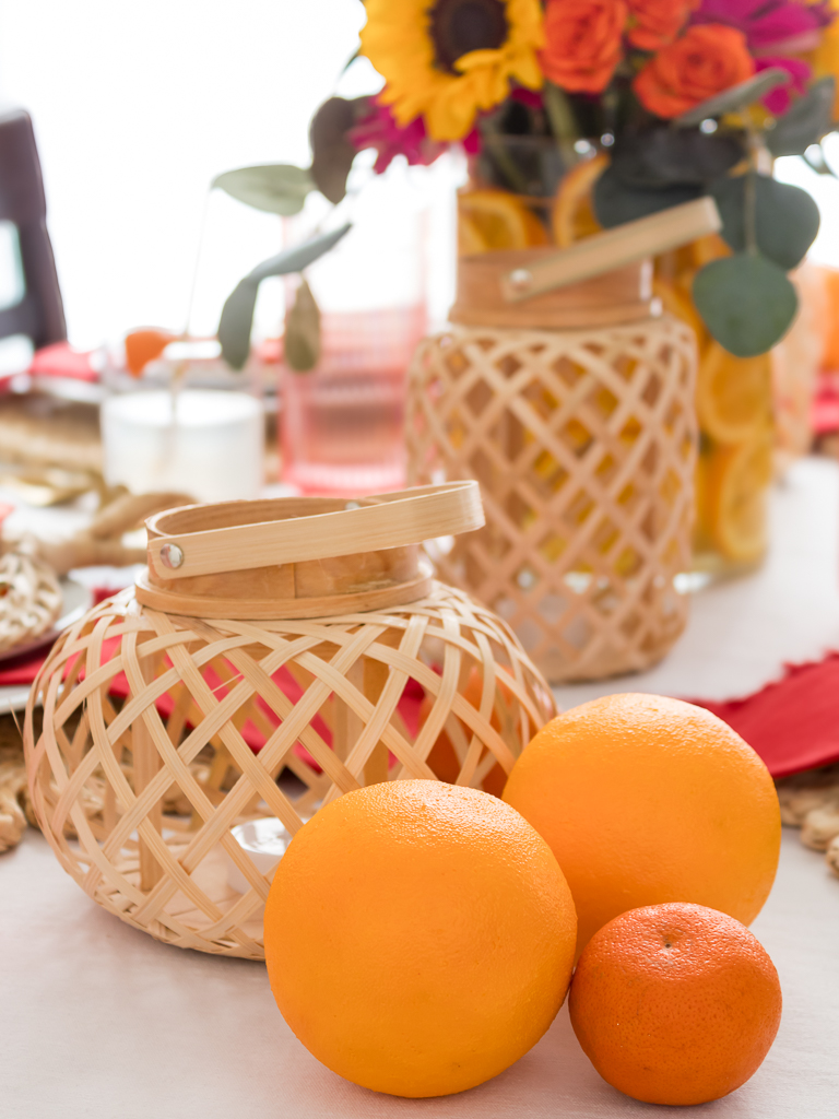 Bamboo Lanterns and oranges for a. Chinese Tablescape