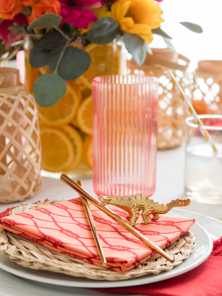 small gold dragon on Chinese tablescape for the Chinese New Year or Chinese Dinner Party