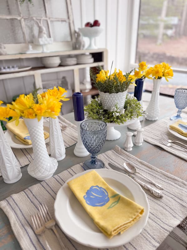 Milk Glass Centerpice with Daffodils from the Ponds Farmhouse - Week in Rewind Volume 74 Midwest Life and Style Blog