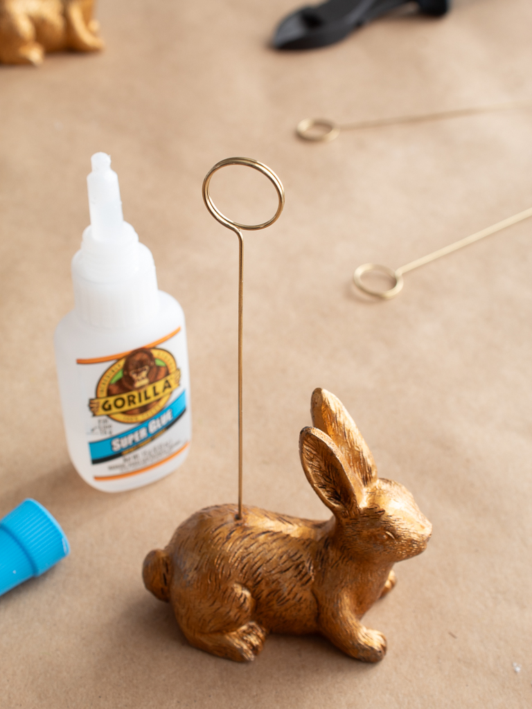 Super-Gluing Gold Place Card Ring Into Gold Bunny for DIY Easter Place Card Holders 