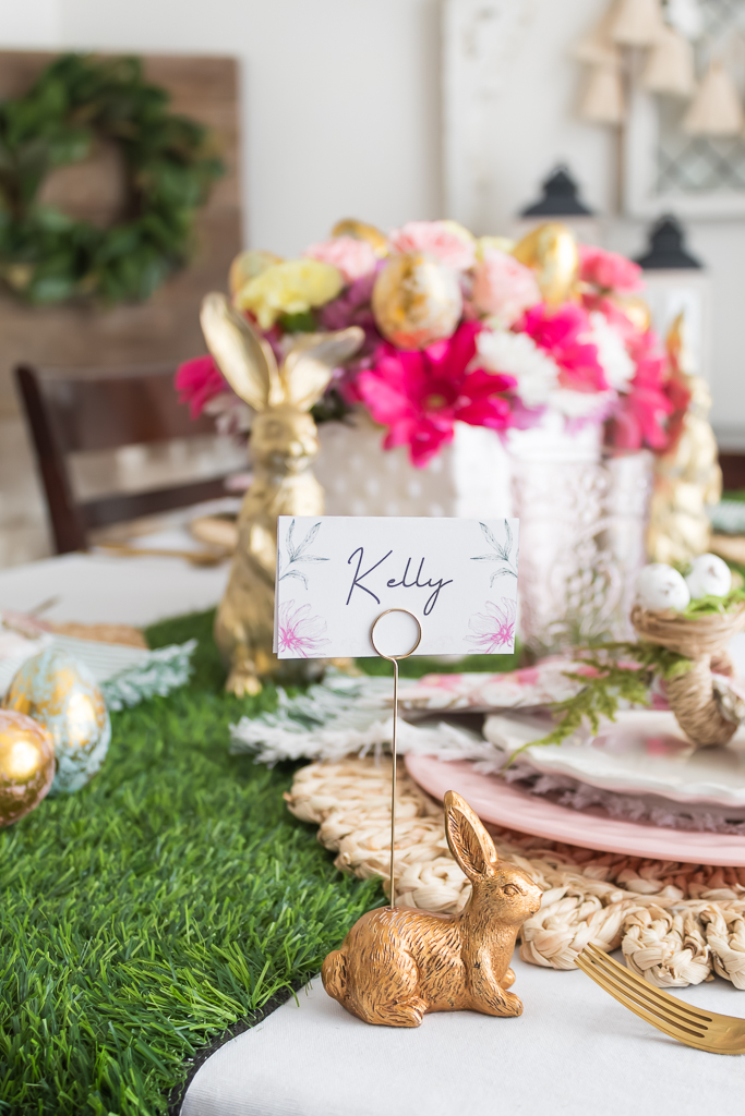 DIY Gold Easter Bunny Place Card Holders with DIY Easter Place Card on Colorful Easter Brunch Table