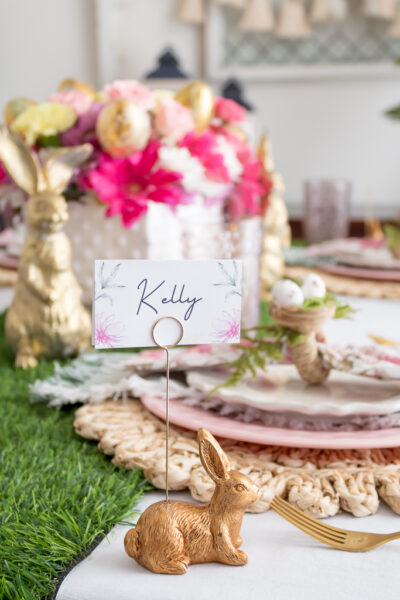 DIY Gold Easter Bunny Place Card Holders with DIY Easter Place Card on Colorful Easter Brunch Table