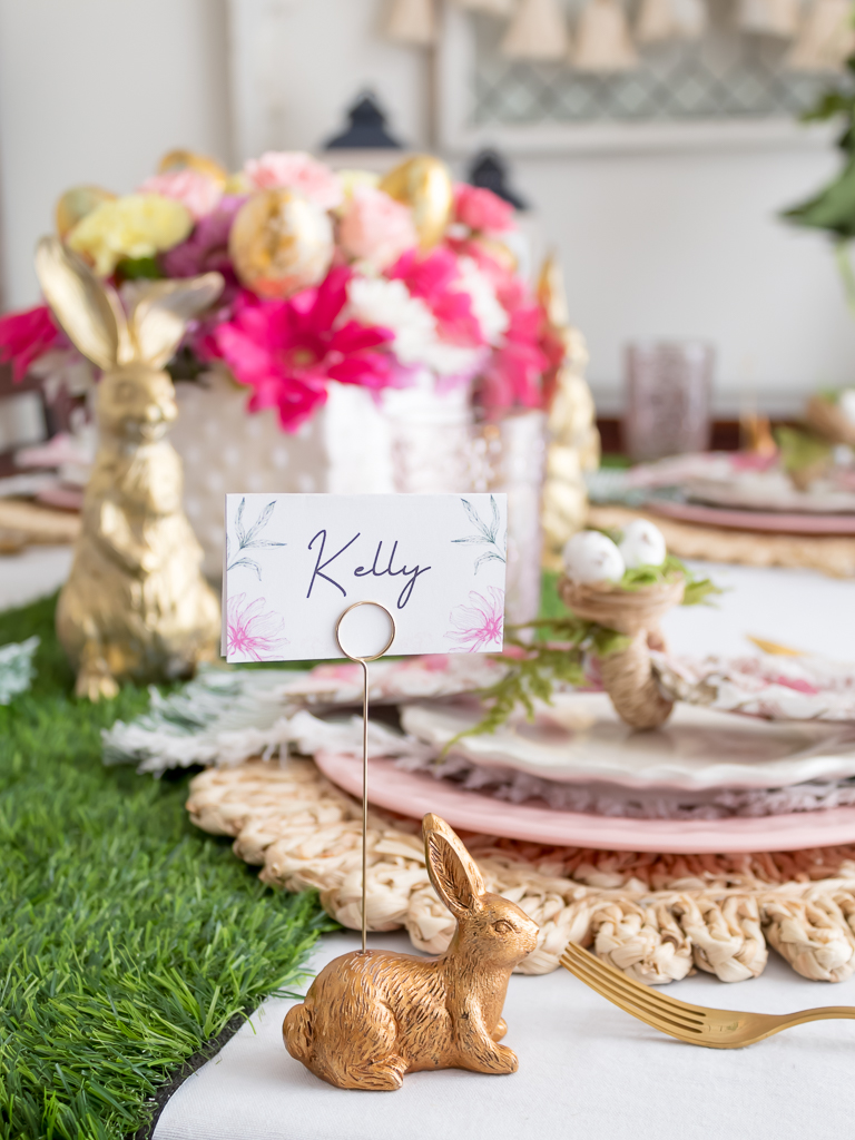 DIY Gold Easter Bunny Place Card Holders with DIY Easter Place Card on Colorful Easter Brunch Table